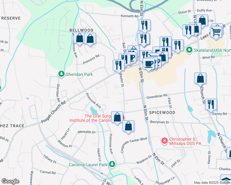 map of restaurants, bars, coffee shops, grocery stores, and more near 3909 Baylor Street in Greensboro