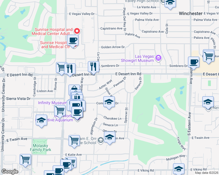 map of restaurants, bars, coffee shops, grocery stores, and more near 1620 Pawnee Drive in Las Vegas