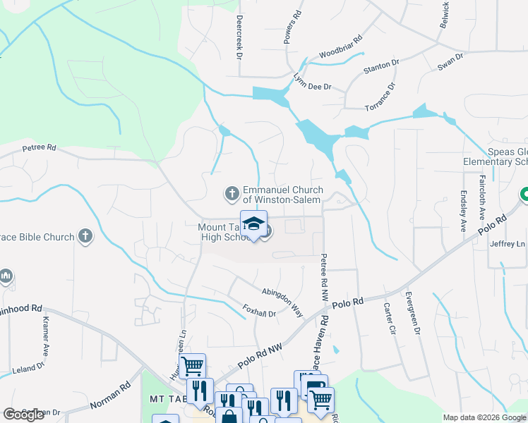map of restaurants, bars, coffee shops, grocery stores, and more near 342 Petree Road in Winston-Salem