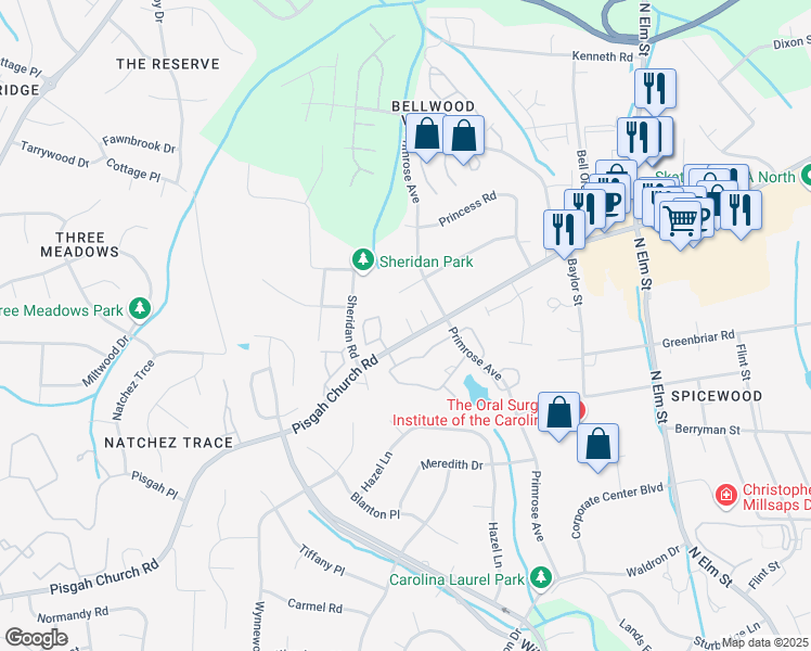 map of restaurants, bars, coffee shops, grocery stores, and more near 122 Wesley Harris Circle in Greensboro