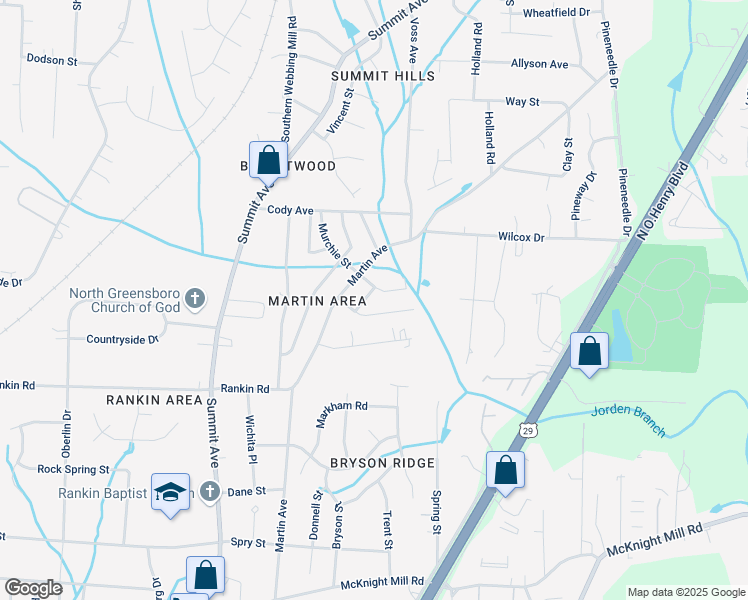 map of restaurants, bars, coffee shops, grocery stores, and more near 3626 Martin Avenue in Greensboro