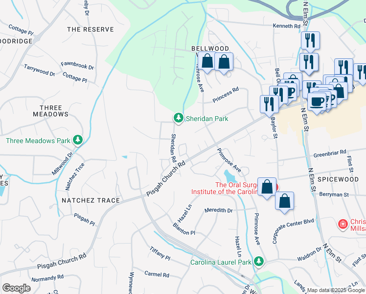 map of restaurants, bars, coffee shops, grocery stores, and more near 140 Wesley Harris Circle in Greensboro