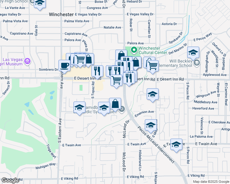 map of restaurants, bars, coffee shops, grocery stores, and more near 2885 East Desert Inn Road in Las Vegas