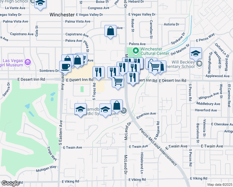 map of restaurants, bars, coffee shops, grocery stores, and more near 2837 East Desert Inn Road in Las Vegas