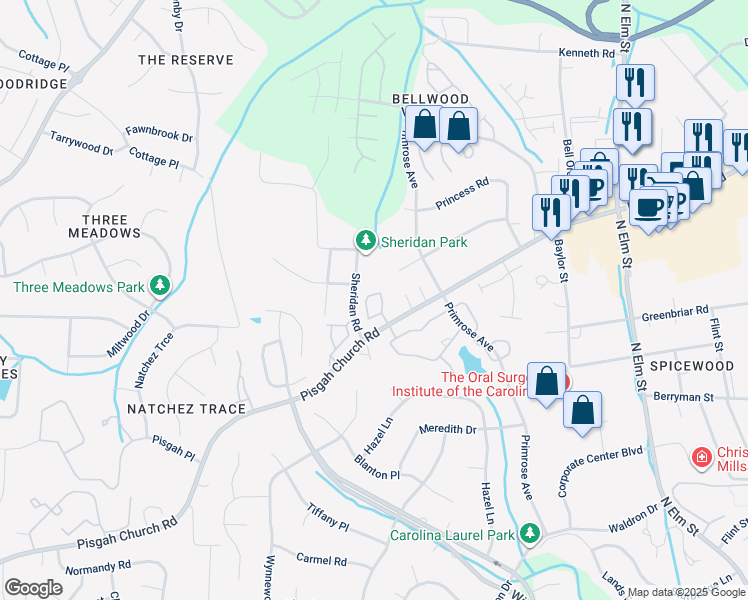 map of restaurants, bars, coffee shops, grocery stores, and more near 140 Wesley Harris Circle in Greensboro