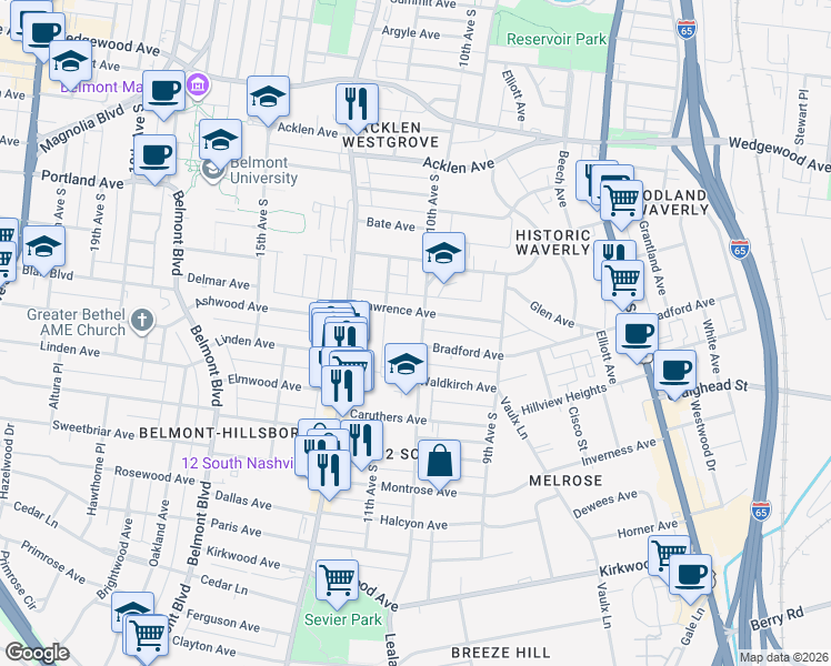 map of restaurants, bars, coffee shops, grocery stores, and more near 1015 Lawrence Avenue in Nashville