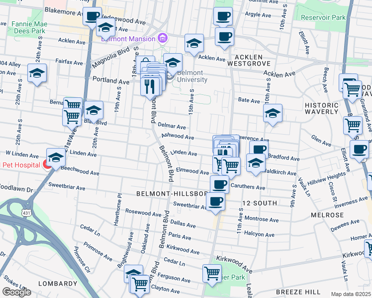 map of restaurants, bars, coffee shops, grocery stores, and more near 1507 Ashwood Avenue in Nashville