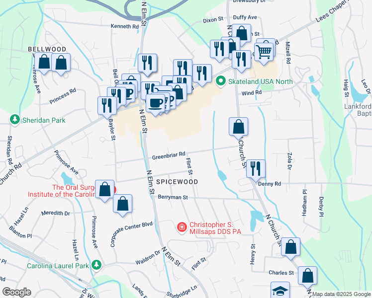 map of restaurants, bars, coffee shops, grocery stores, and more near 216 Greenbriar Road in Greensboro