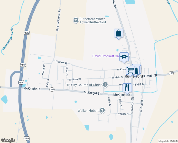 map of restaurants, bars, coffee shops, grocery stores, and more near 518 West Knox Street in Rutherford