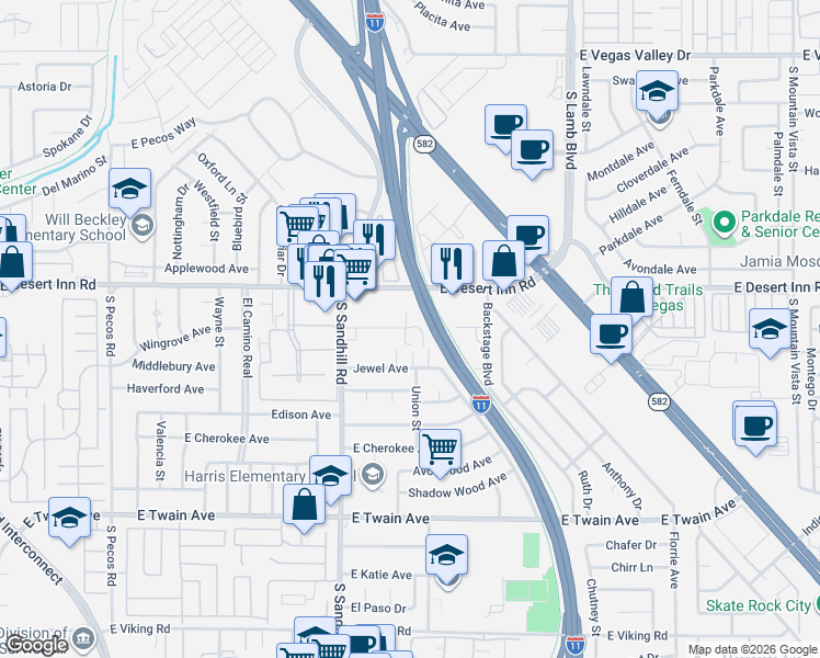 map of restaurants, bars, coffee shops, grocery stores, and more near 3920 Raymert Drive in Las Vegas