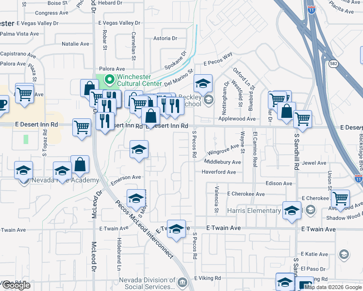 map of restaurants, bars, coffee shops, grocery stores, and more near 3344 Clandara Avenue in Las Vegas