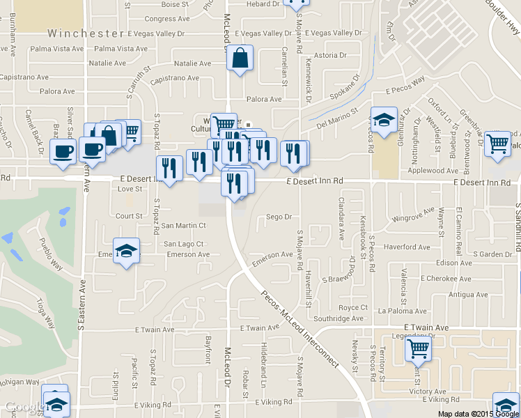 map of restaurants, bars, coffee shops, grocery stores, and more near 3055 East Desert Inn Road in Las Vegas