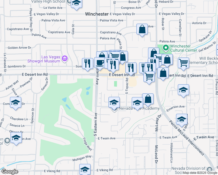 map of restaurants, bars, coffee shops, grocery stores, and more near 3337 Racquet Street in Las Vegas
