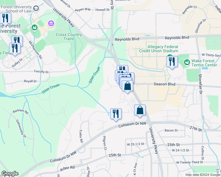 map of restaurants, bars, coffee shops, grocery stores, and more near 2708 Waldorf Circle in Winston-Salem