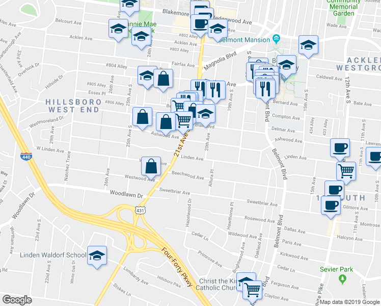 map of restaurants, bars, coffee shops, grocery stores, and more near 2011 Ashwood Avenue in Nashville