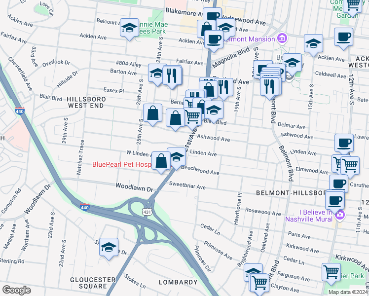map of restaurants, bars, coffee shops, grocery stores, and more near 2303 21st Avenue South in Nashville