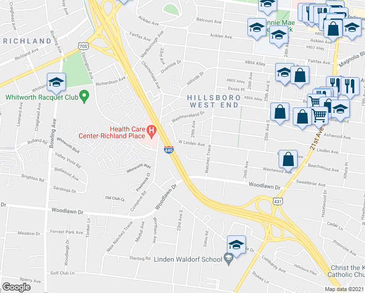map of restaurants, bars, coffee shops, grocery stores, and more near 2219 29th Avenue South in Nashville