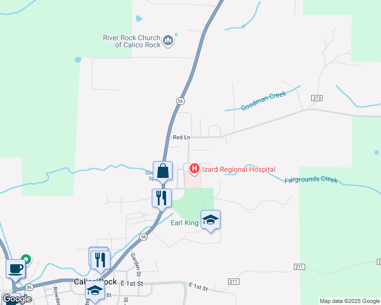 map of restaurants, bars, coffee shops, grocery stores, and more near 240 Grasse Street in Calico Rock