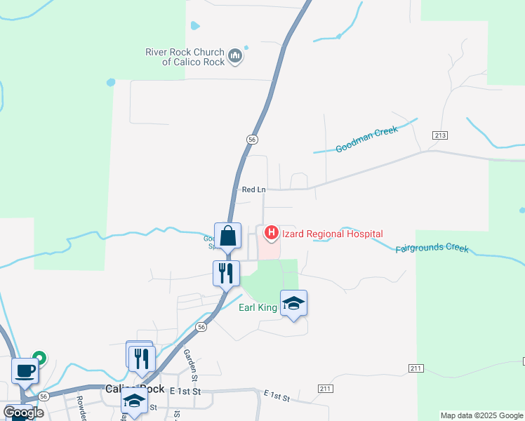 map of restaurants, bars, coffee shops, grocery stores, and more near 240 Grasse Street in Calico Rock