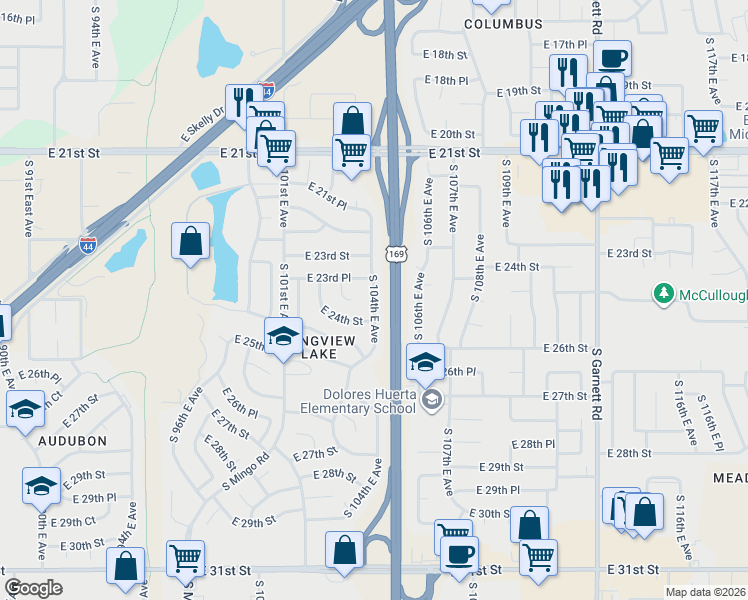 map of restaurants, bars, coffee shops, grocery stores, and more near 2327 South 104th East Avenue in Tulsa