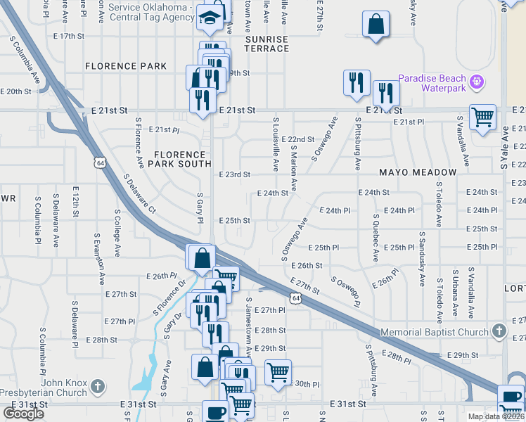 map of restaurants, bars, coffee shops, grocery stores, and more near 3624 East 24th Street in Tulsa