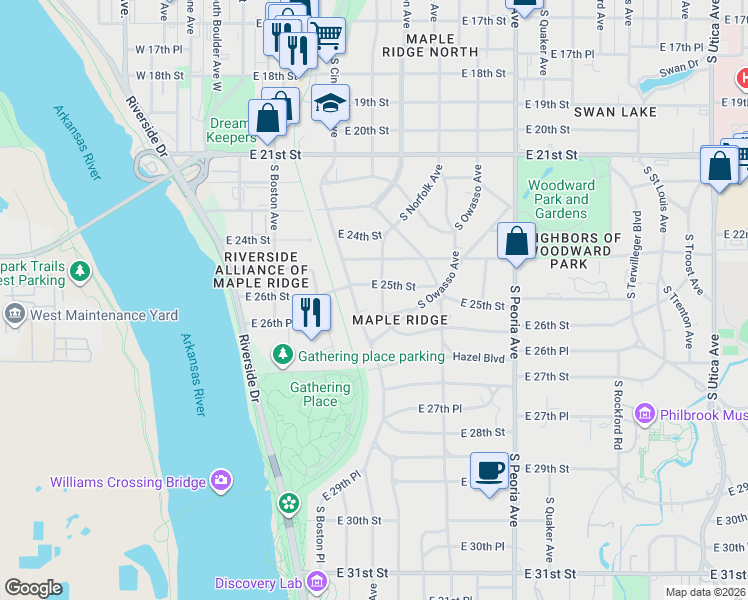 map of restaurants, bars, coffee shops, grocery stores, and more near 219 East 25th Street in Tulsa