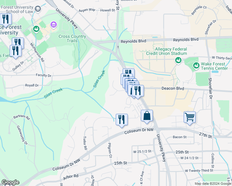map of restaurants, bars, coffee shops, grocery stores, and more near 2708 Waldorf Circle in Winston-Salem