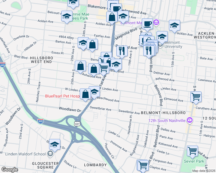 map of restaurants, bars, coffee shops, grocery stores, and more near 2011 Ashwood Avenue in Nashville