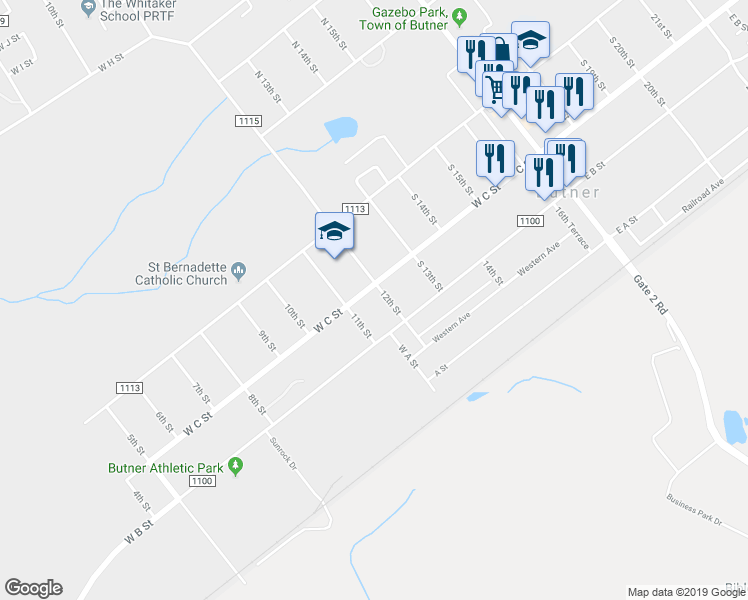map of restaurants, bars, coffee shops, grocery stores, and more near 229 12th Street in Butner