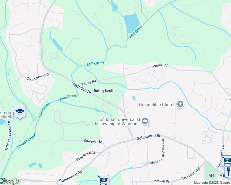 map of restaurants, bars, coffee shops, grocery stores, and more near 3921 Copperfield Ridge Court in Winston-Salem