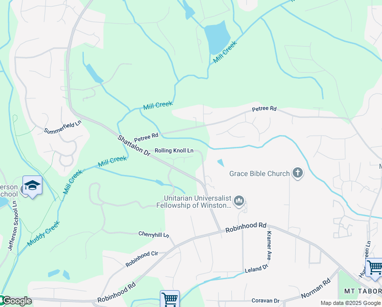 map of restaurants, bars, coffee shops, grocery stores, and more near 3921 Copperfield Ridge Court in Winston-Salem