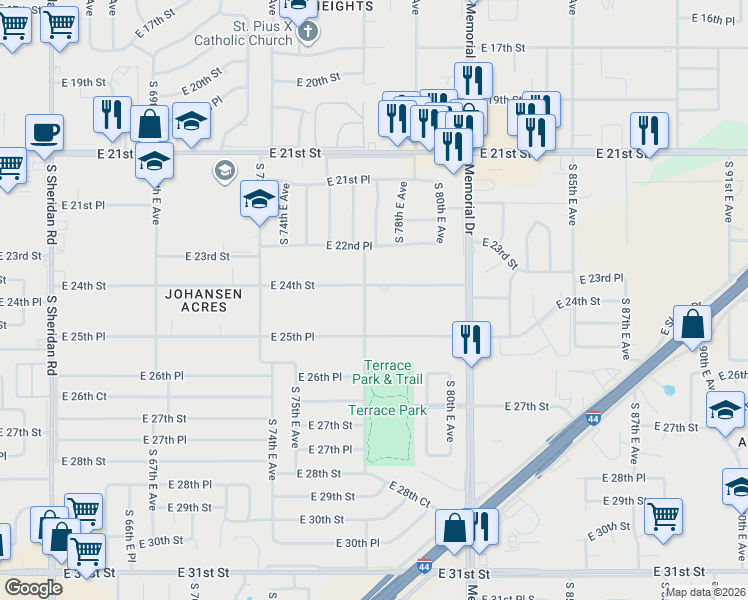 map of restaurants, bars, coffee shops, grocery stores, and more near 7705 East 24th Street in Tulsa