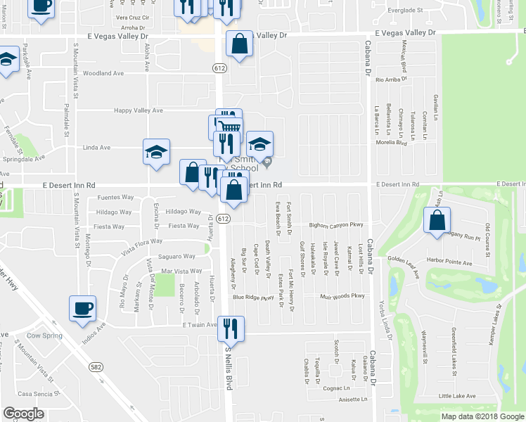 map of restaurants, bars, coffee shops, grocery stores, and more near 3341 Death Valley Drive in Las Vegas