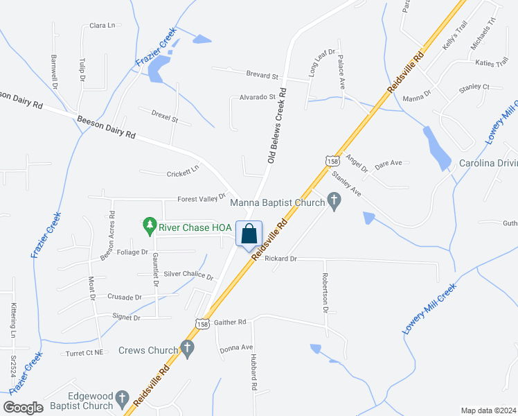 map of restaurants, bars, coffee shops, grocery stores, and more near 4338 Old Belews Creek Road in Winston-Salem