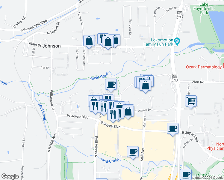 map of restaurants, bars, coffee shops, grocery stores, and more near Meadow Creek Circle in Fayetteville