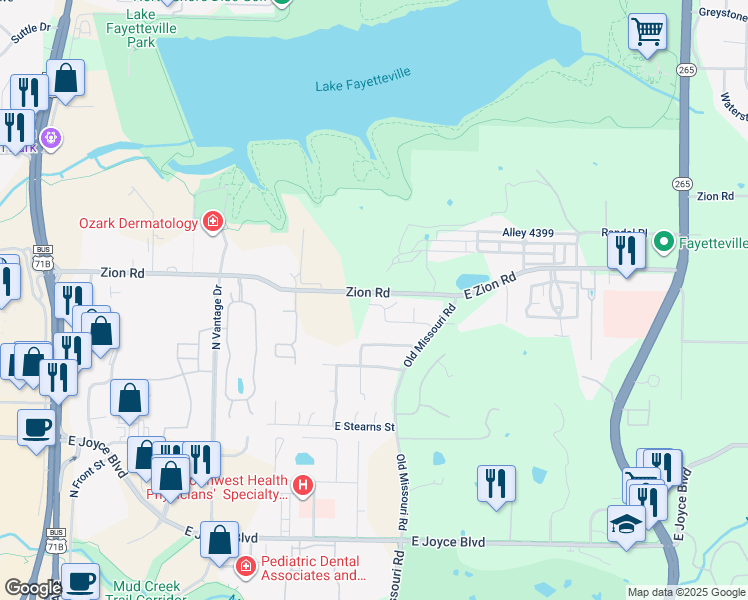 map of restaurants, bars, coffee shops, grocery stores, and more near 2106 East Cinnamon Way in Fayetteville