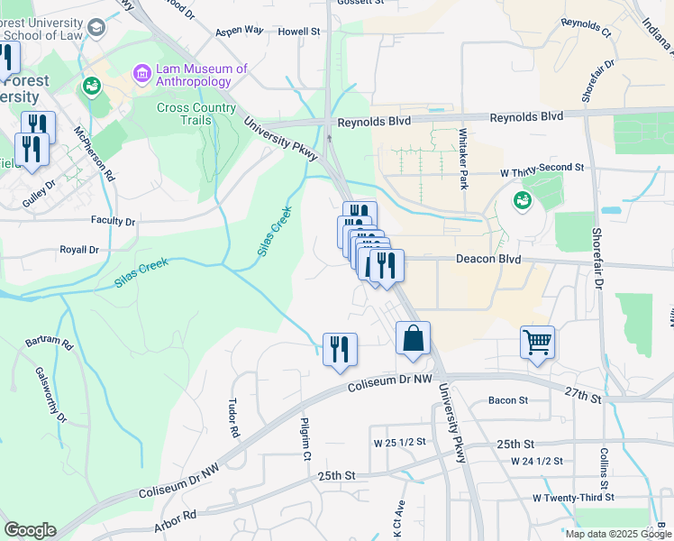 map of restaurants, bars, coffee shops, grocery stores, and more near 3098 Bonhurst Drive in Winston-Salem