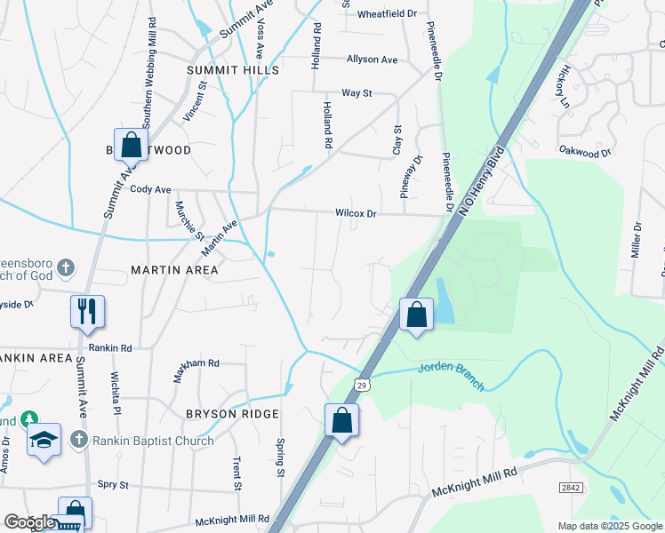 map of restaurants, bars, coffee shops, grocery stores, and more near Wilcox Court in Greensboro