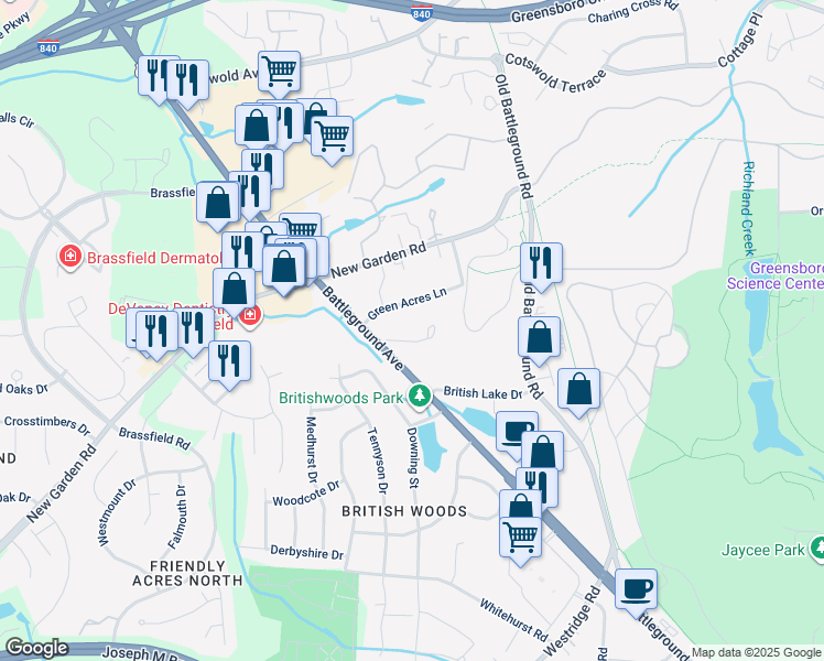 map of restaurants, bars, coffee shops, grocery stores, and more near 2856 Park Place in Greensboro