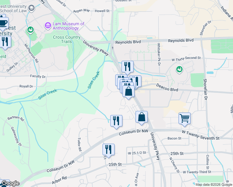map of restaurants, bars, coffee shops, grocery stores, and more near 3105 Bonhurst Drive in Winston-Salem