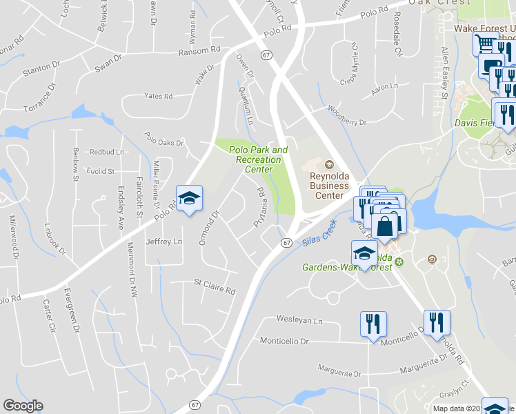 map of restaurants, bars, coffee shops, grocery stores, and more near 3060 Prytania Road in Winston-Salem