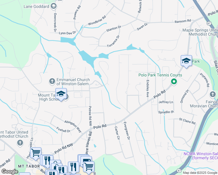 map of restaurants, bars, coffee shops, grocery stores, and more near 104 Brampton Court Northwest in Winston-Salem