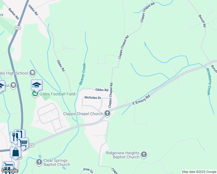 map of restaurants, bars, coffee shops, grocery stores, and more near 7603 Clapps Chapel Road in Corryton