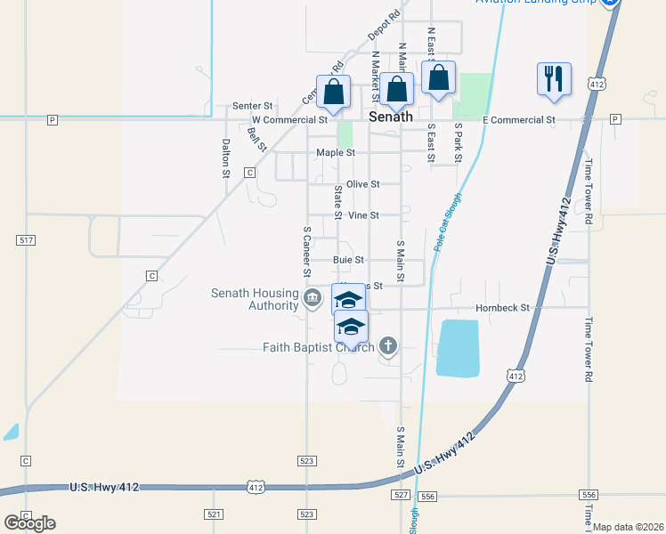 map of restaurants, bars, coffee shops, grocery stores, and more near 600 State Street in Senath