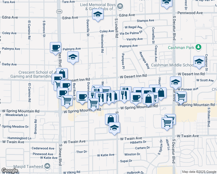 map of restaurants, bars, coffee shops, grocery stores, and more near 5555 West Desert Inn Road in Las Vegas