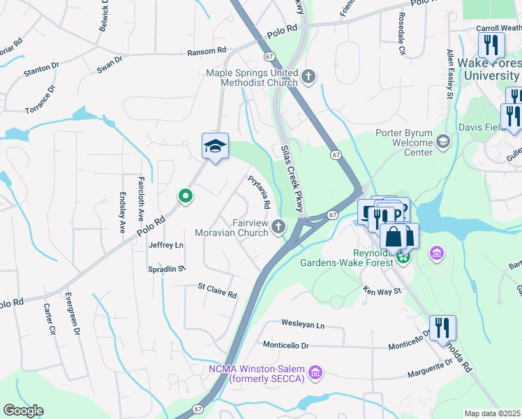 map of restaurants, bars, coffee shops, grocery stores, and more near 3060 Prytania Road in Winston-Salem