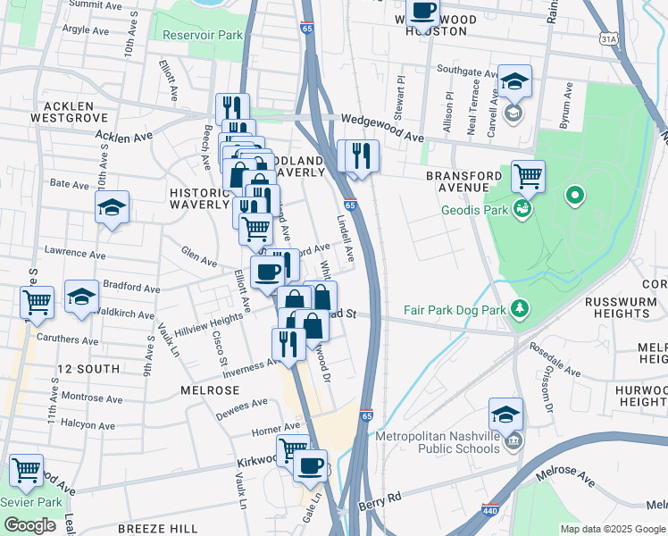 map of restaurants, bars, coffee shops, grocery stores, and more near 2304 White Avenue in Nashville