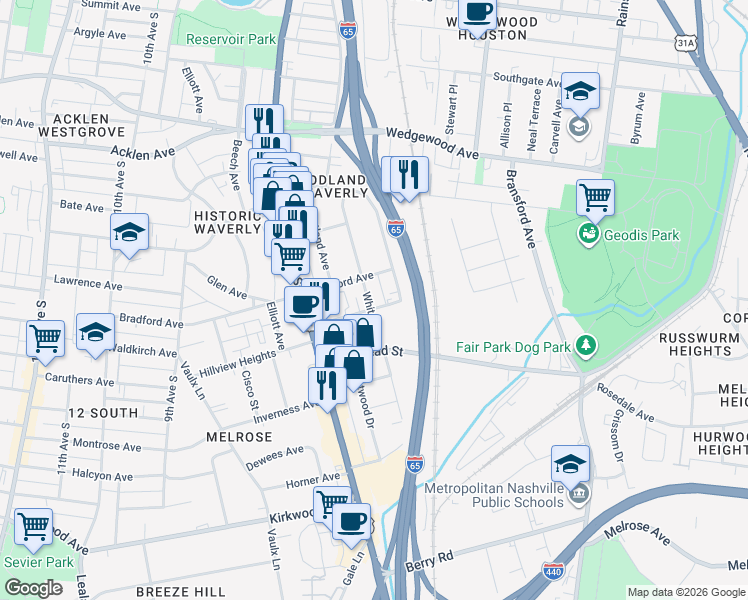 map of restaurants, bars, coffee shops, grocery stores, and more near 2304 White Avenue in Nashville