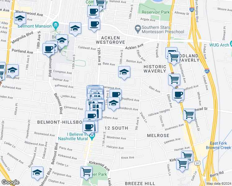 map of restaurants, bars, coffee shops, grocery stores, and more near 1015 Lawrence Avenue in Nashville