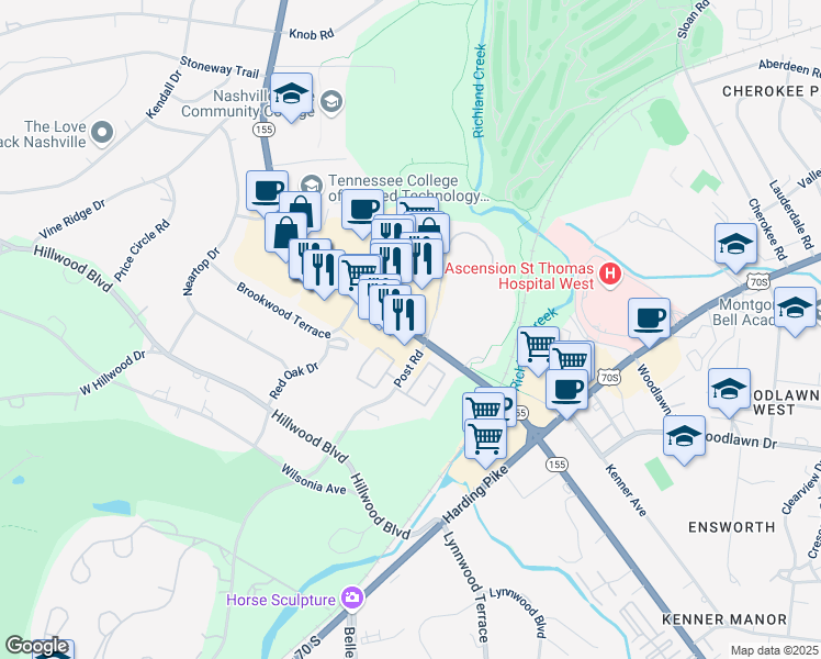 map of restaurants, bars, coffee shops, grocery stores, and more near 40 White Bridge Pike in Nashville
